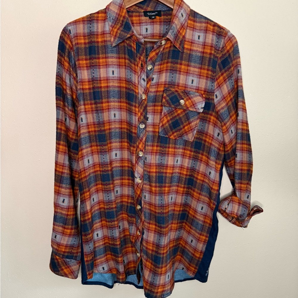 Tolani Mixed Media Plaid Shirt Bandana Back Boho Top M - Picture 2 of 9
